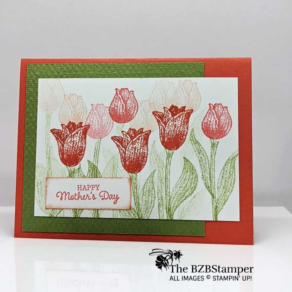 Handmade Tulip card in reds and greens