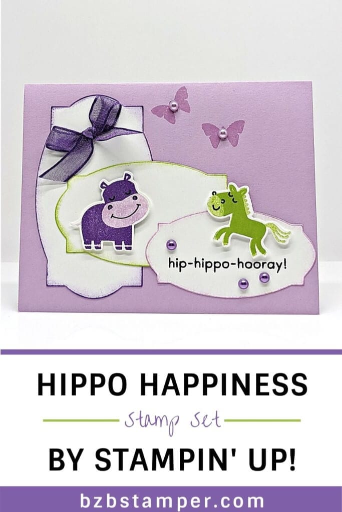 Purple and green handmade card with a hippo & unicorn