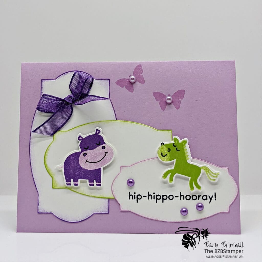 Purple and green handmade card with a hippo & unicorn
