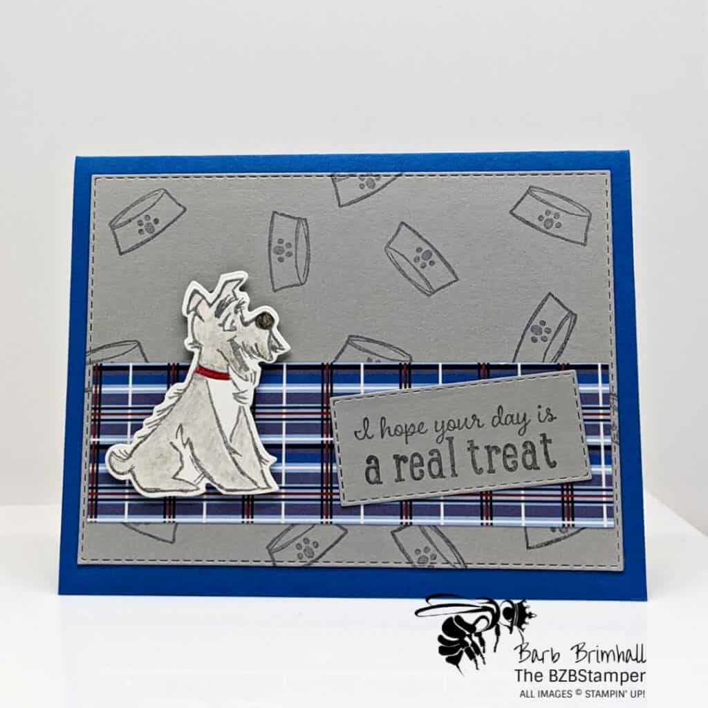 blue plaid handmade card with dog and dog dish
