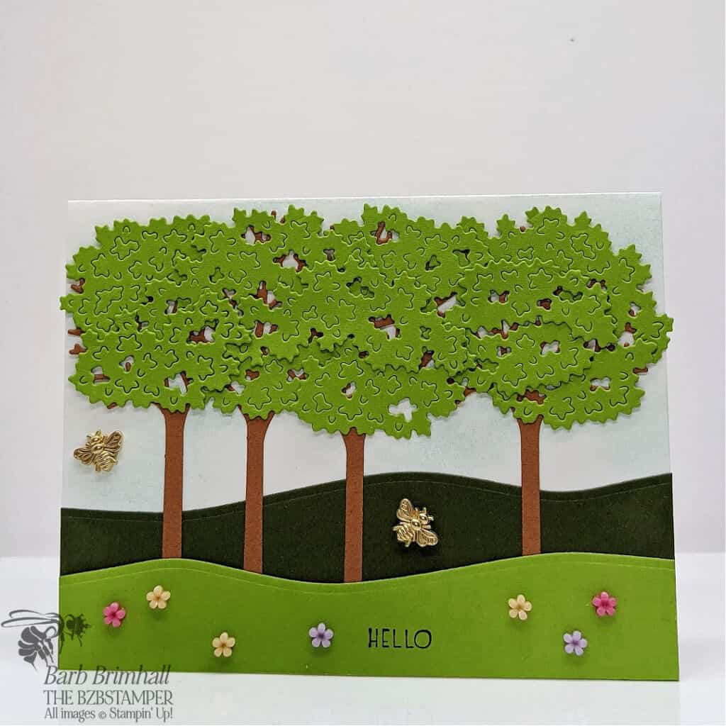 handmade card with trees in green