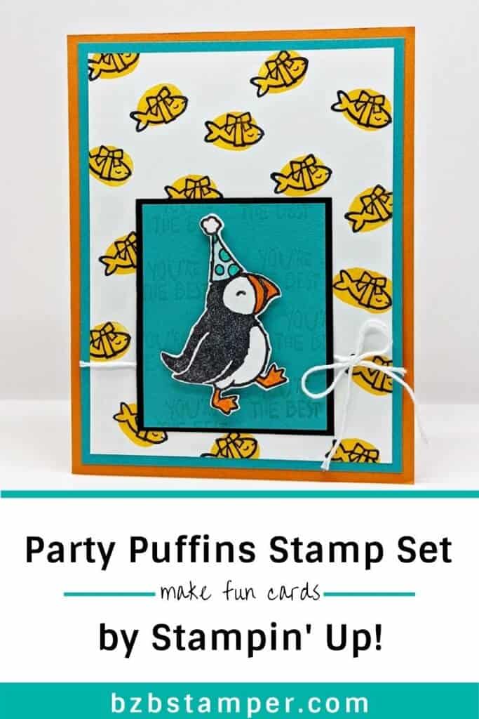 handmade birthday card with puffins and fish