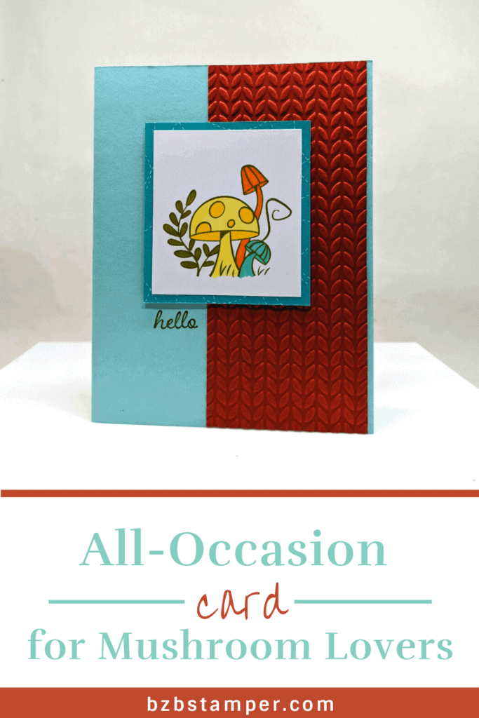 handmade card with mushrooms in blue and rust