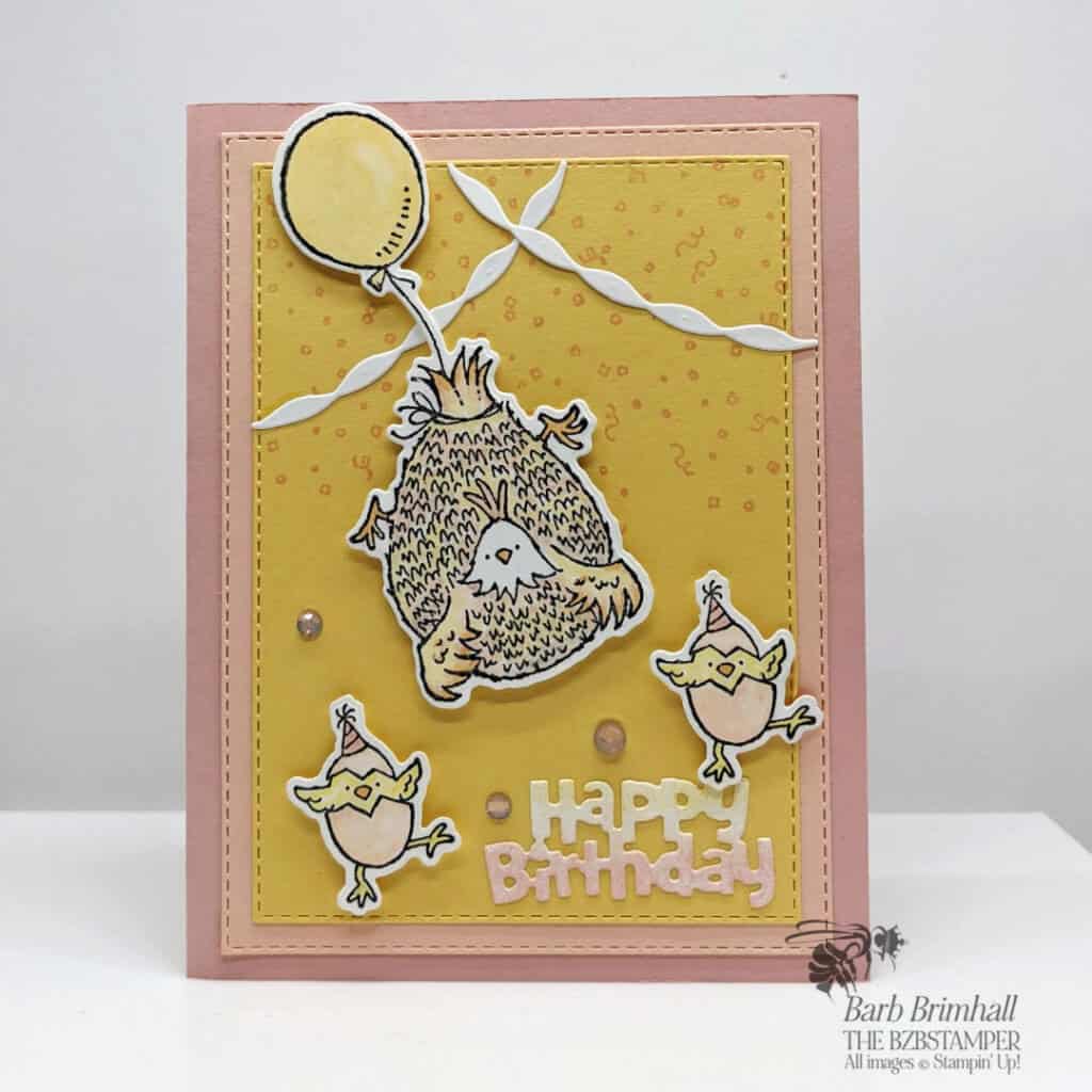 pink and yellow birthday card with chickens