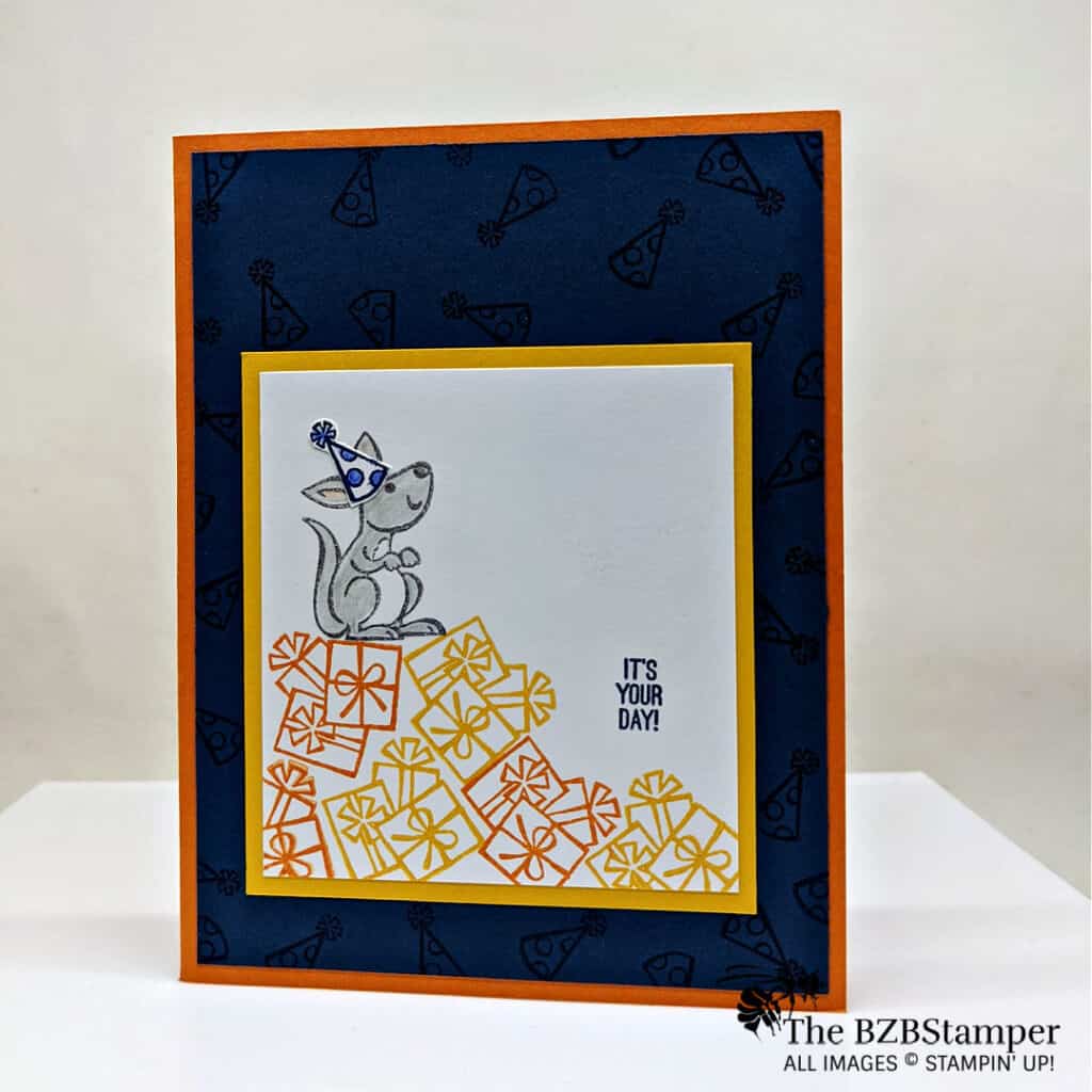 handmade kangaroo card in blues and oranges