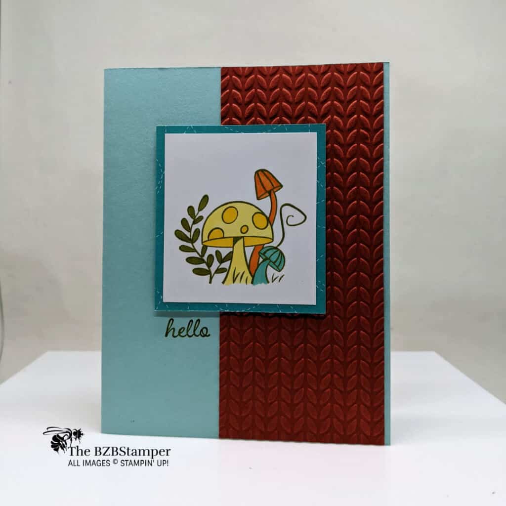 handmade card with mushrooms in blue and rust
