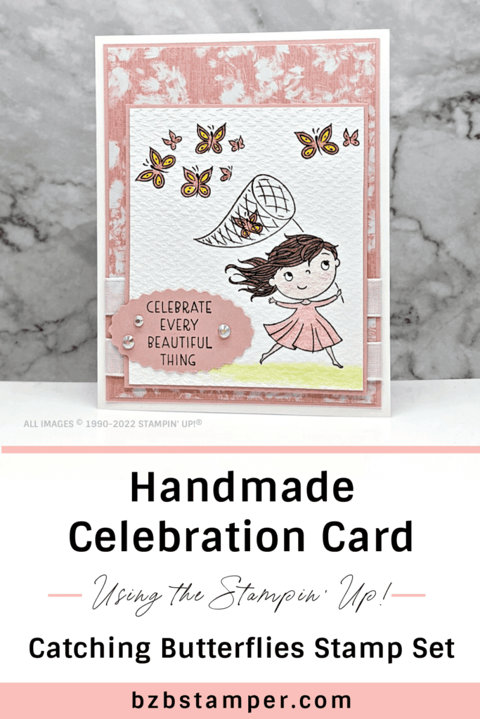 Handmade card featuring a girl catching butterflies