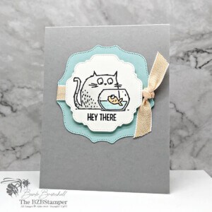 handmade greeting card for cat lovers in pink and peach with cat looking at fish