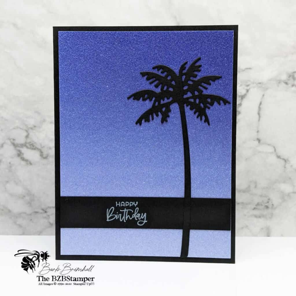 Happy Birthday Card featuring a palm tree in purple and black using the Paradise Palms Bundle