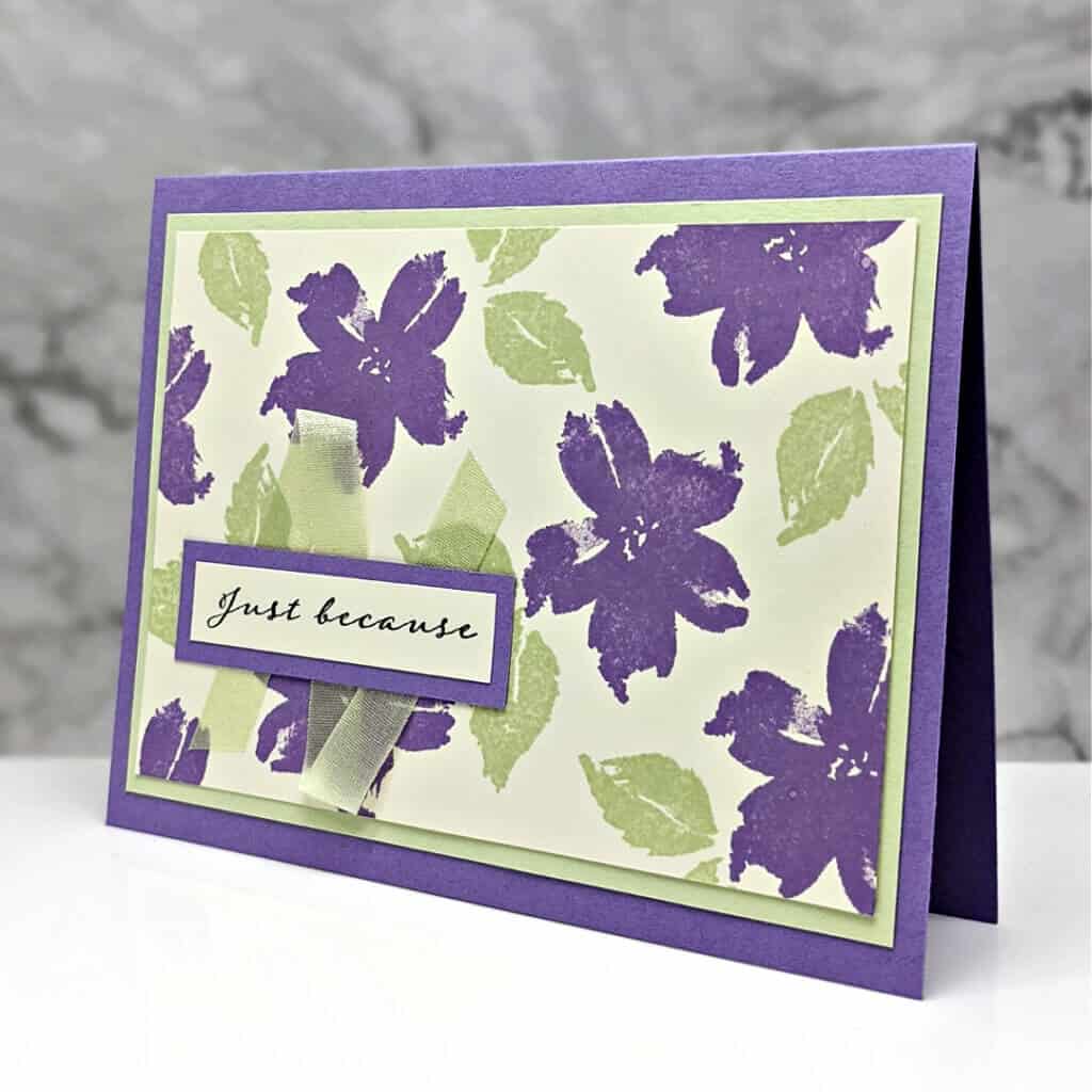 handmade gretting card featuring purple flowers with just because greeting