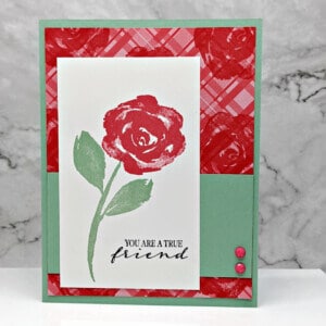 handmade greeting card featuring red rose with you are a true friend sentiment
