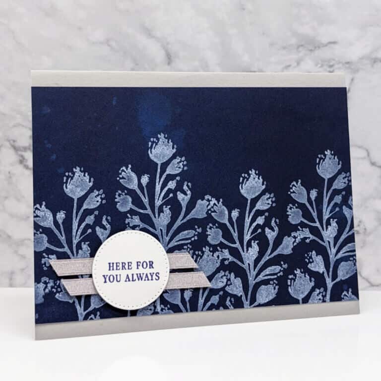 handmade greeting card featuring flowers in navy and tans