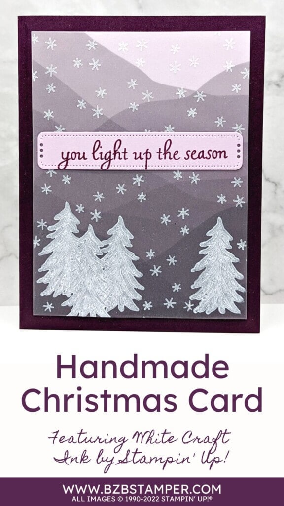 Christmas Card featuring White Craft Ink by Stampin' Up! with snowflakes and trees in purple