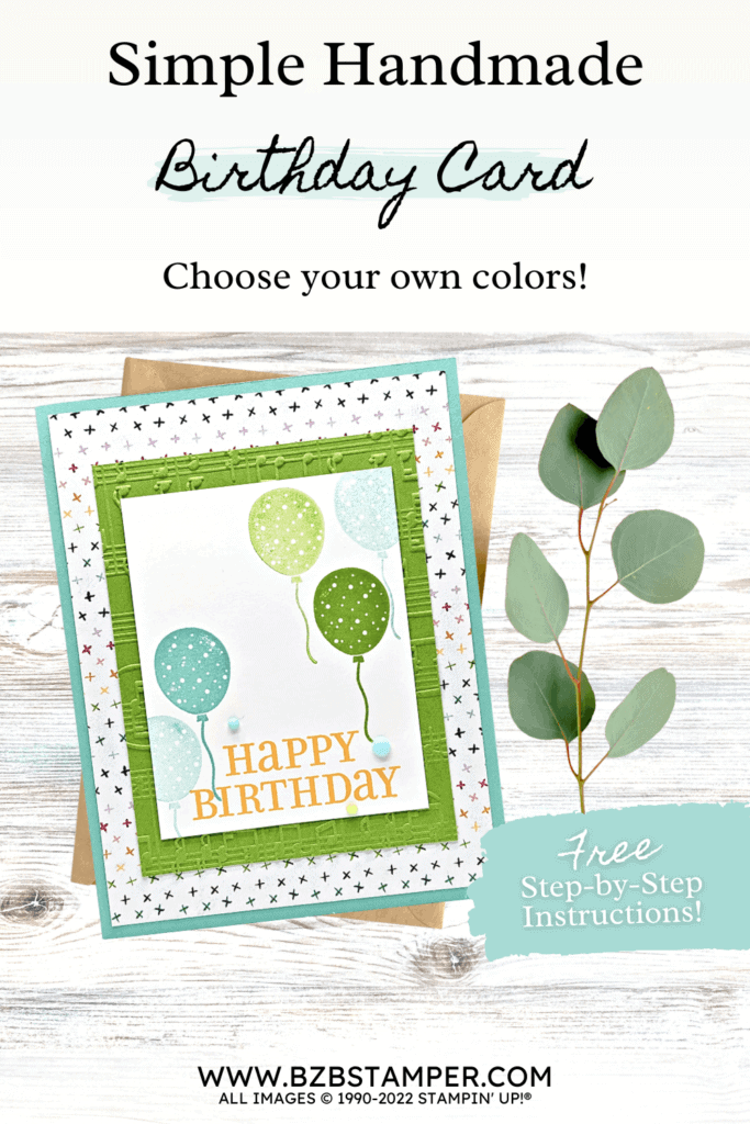 Handmade happy birthday card with blue and green balloons, using Stampin' Up! products
