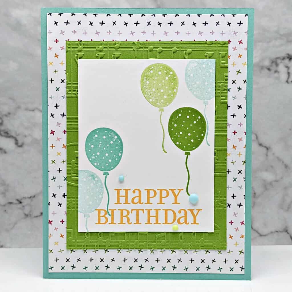 Handmade happy birthday card with blue and green balloons, using Stampin' Up! products