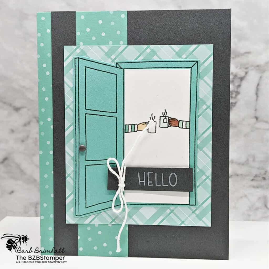 Handmade card featuring friends saying hello in a door frame using products by Stampin' Up!