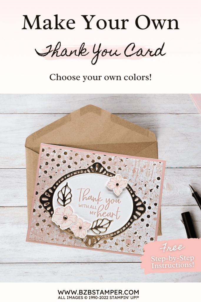 Handmade thank you greeting card in pinks and gold.  Made using Stampin' Up! products.