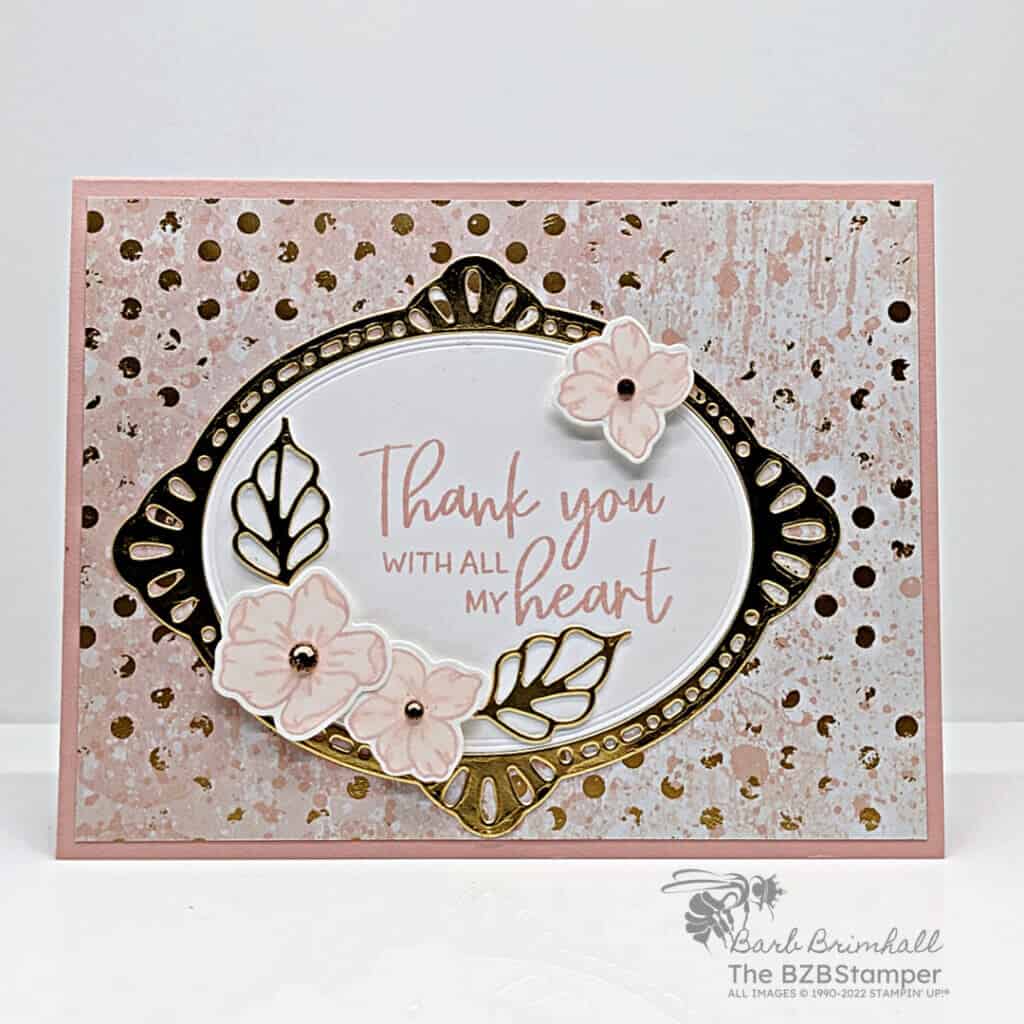 Handmade card with gold foil frame, pink flowers and pretty paper.  Made using Stampin' Up! products.