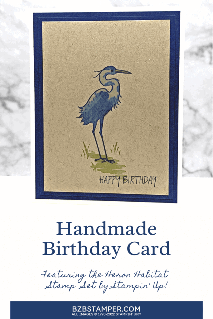 Handmade Card featuring a Heron image in navy blue.