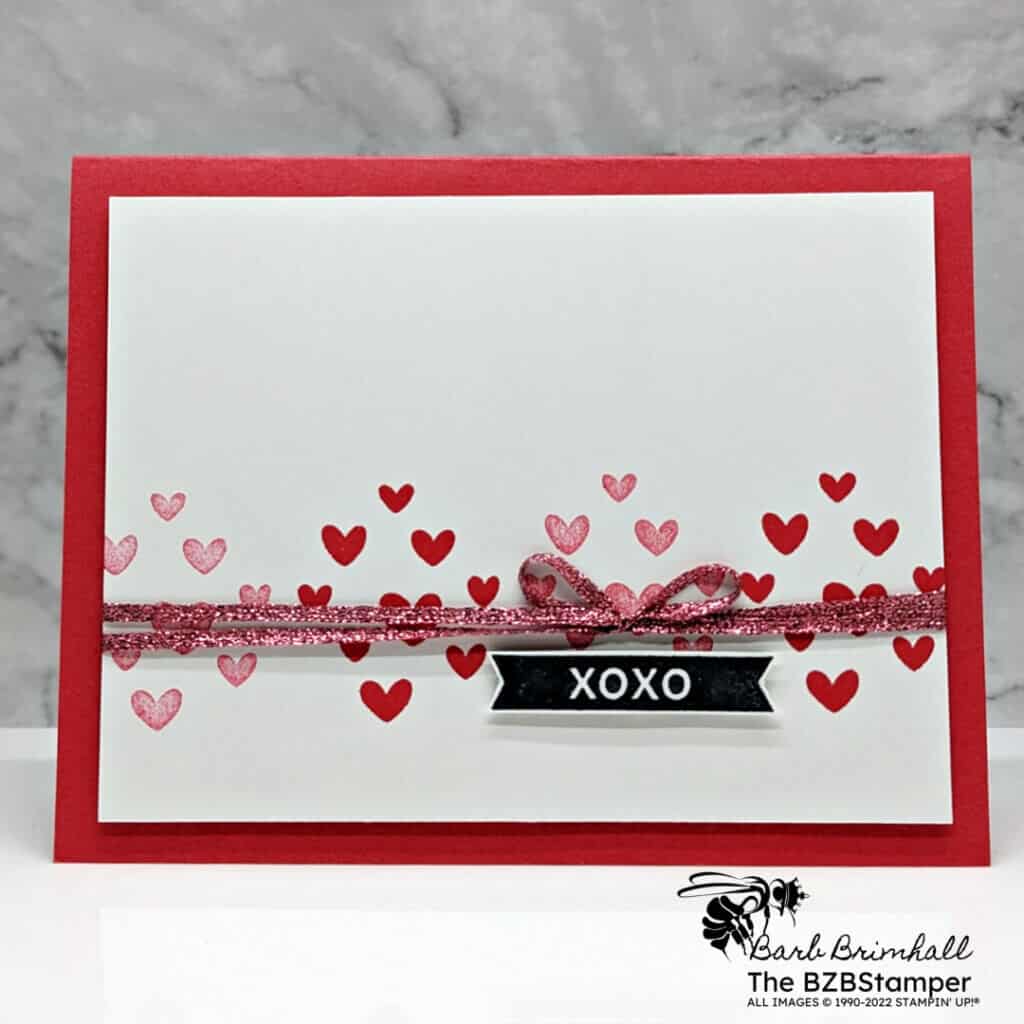 Handmade Valentine's Day card with red hearts and stamp set by Stampin' Up!