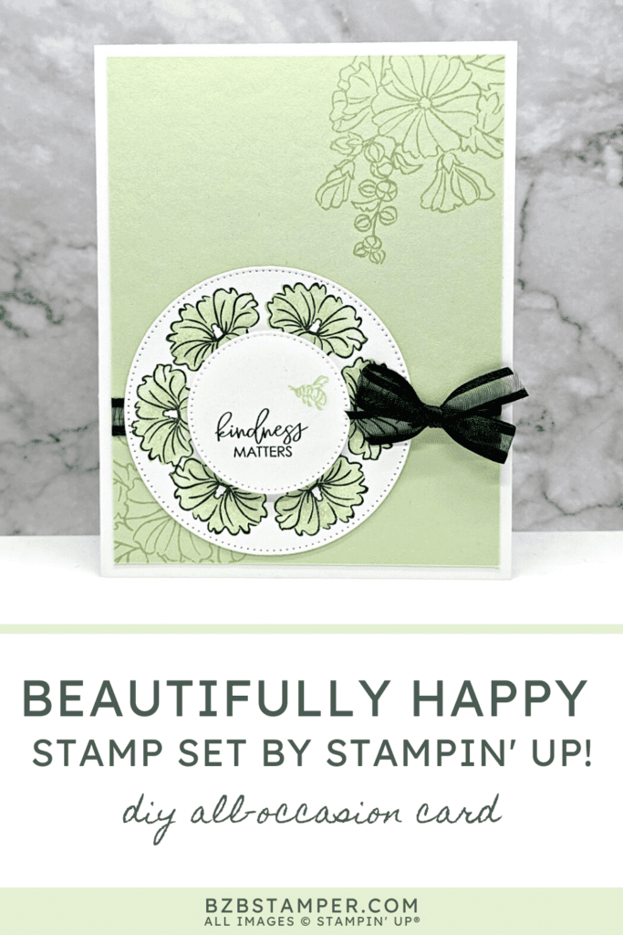 Handmade Floral Card using the Beautifully Happy Stamp Set in light green with flowers in a circle