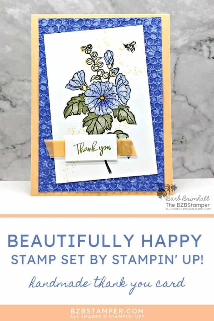 Beautifully Happy Thank You Card in blue and light orange featuring a flower and ribbon.