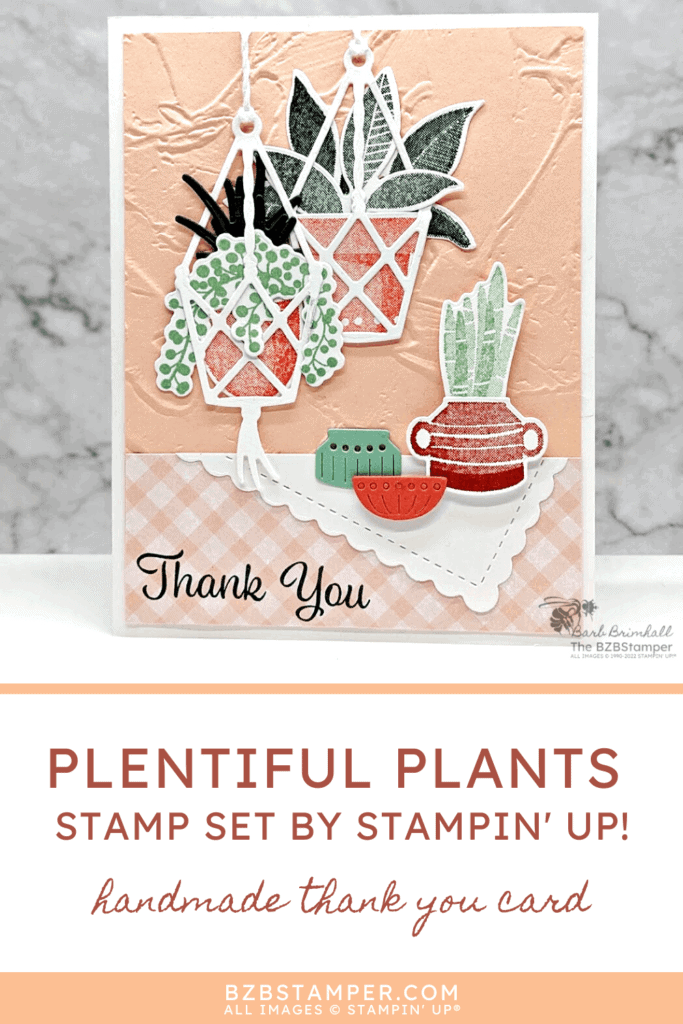 Handmade Plentiful Plants Thank You Card in peaches and greens with macrame plant holders.
