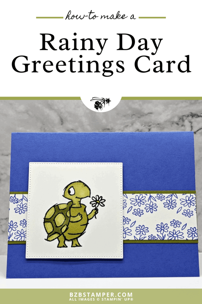 Make Rainy Day Greetings with the Playing in the Rain Stamp Set which includes blue flowers and green turtle holding a flower.