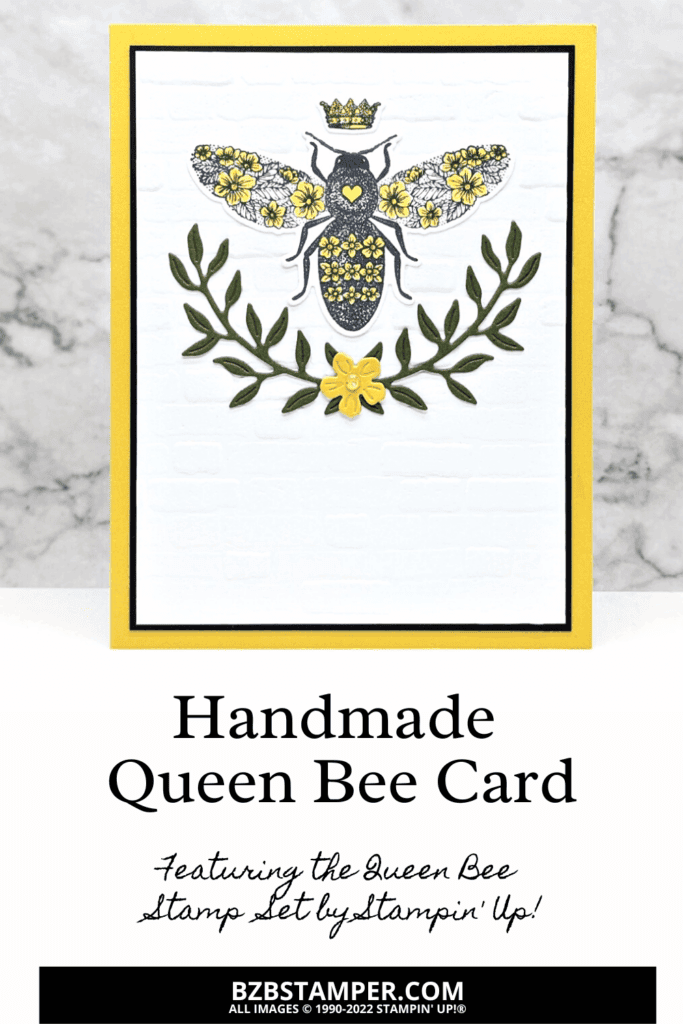 Unleash Your Creativity With the Queen Bee Stamp Set in yellow and green, with a flower, flora and large bee with crown.
