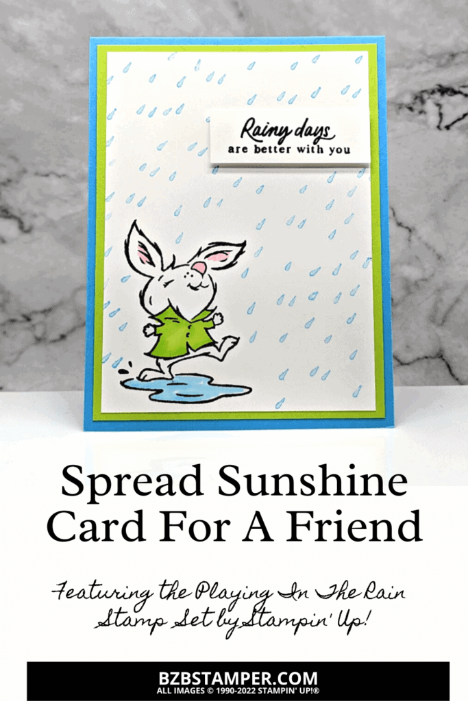 Create this easy greeting card using the Playing in the Rain Stamp Set by Stampin' Up! It features a bunny in the rain playing in a puddle in green and blue.