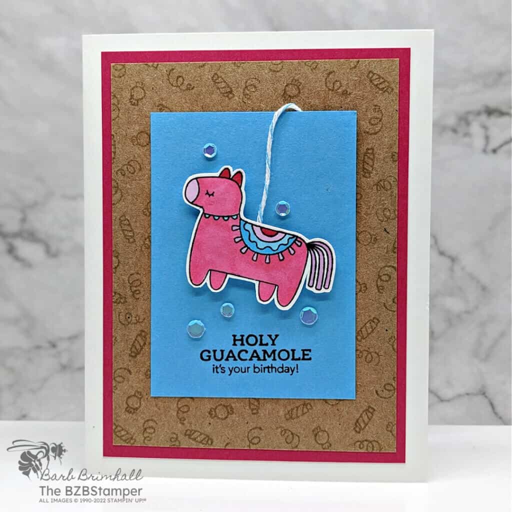 Spice Up Greeting Cards with the Taco Fiesta Stamp Set with donkey pinata in blue and pink.