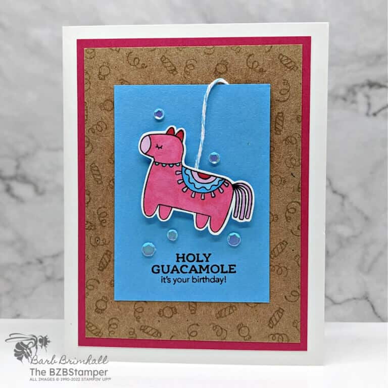 Spice Up Greeting Cards with the Taco Fiesta Stamp Set with donkey pinata in blue and pink.