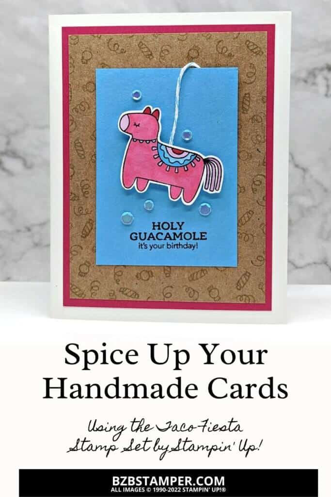 Create the perfect handmade greeting card with the Taco Fiesta Stamp Set by Stampin' Up! Card includes a pink donkey and blue and brown paper.