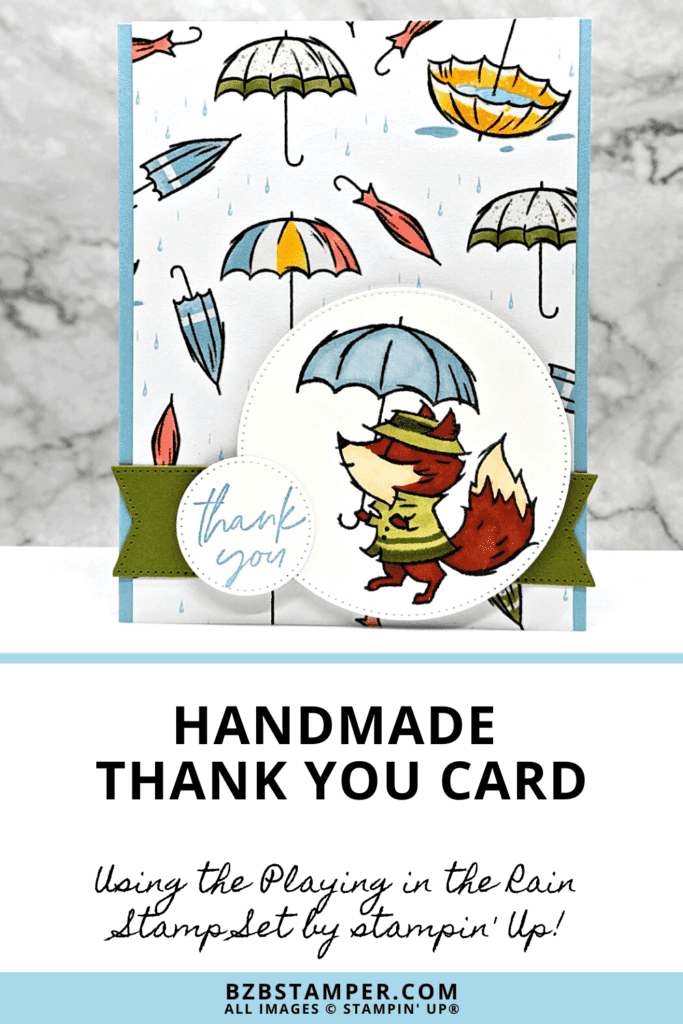 Handmade Thank You Card using the Playing in the Rain Stamp Set with a fox holding an umbrella and pretty umbrella paper.