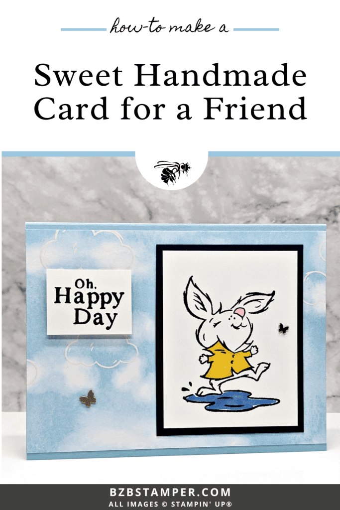 Create an adorable Playing in the Rain Handmade Card with a cute bunny splashing in a rain puddle.