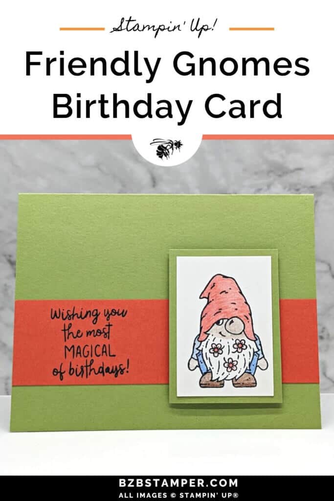 Birthday Card using the Friendly Gnomes Stamp Set in green and coral. Gnome has flowers in his beard.