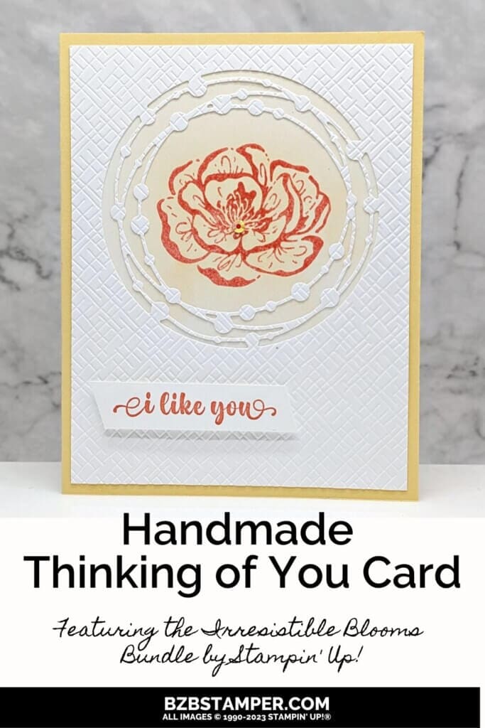 Irresistible Blooms Bundle from Stampin' Up! featuring a coral flower with yellow background and die-cut dies for effect.