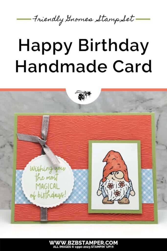 Friendly Gnomes Stamp Set by Stampin' Up! was used to create this magical Happy Birthday Card in rust, blue and green