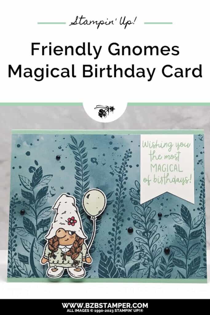 Whimsical Friendly Gnomes Birthday Card For A Friend in greens and blues with a gnome holding a balloon.