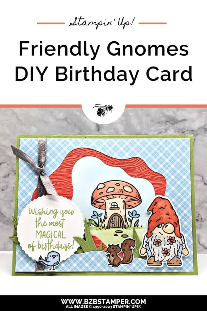 Make A Birthday Card using the Friendly Gnomes Bundle using pretty Blue plaid paper, some die-cutting dies and Blend markers in Rust and Olive Green.