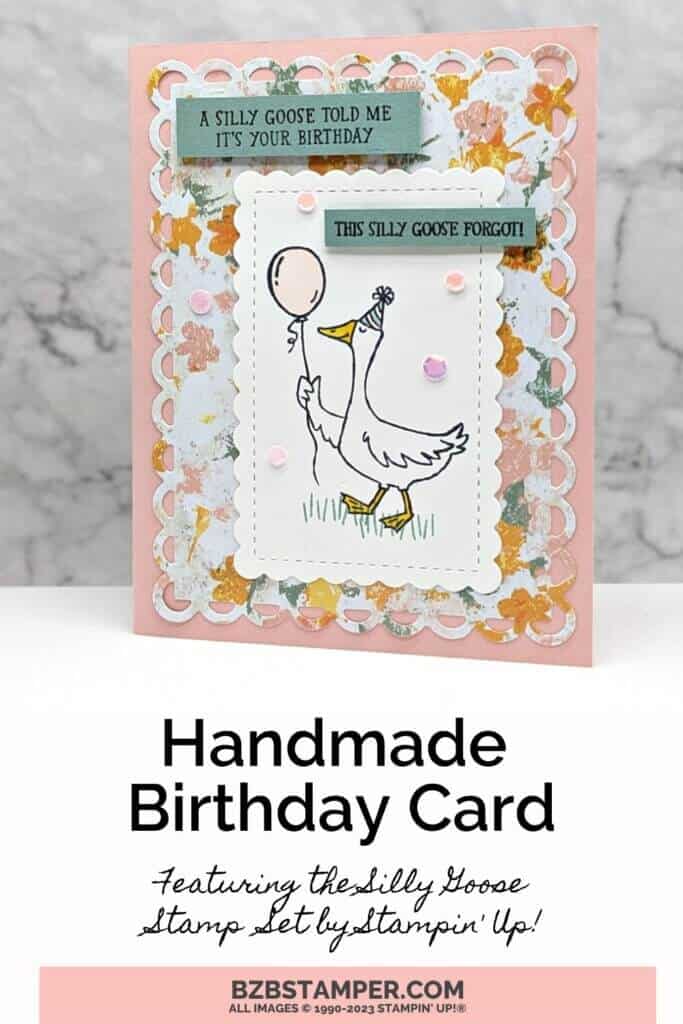 Silly Goose Stamp Set by Stampin' Up! in pink with flowers, with the goose holding a balloon