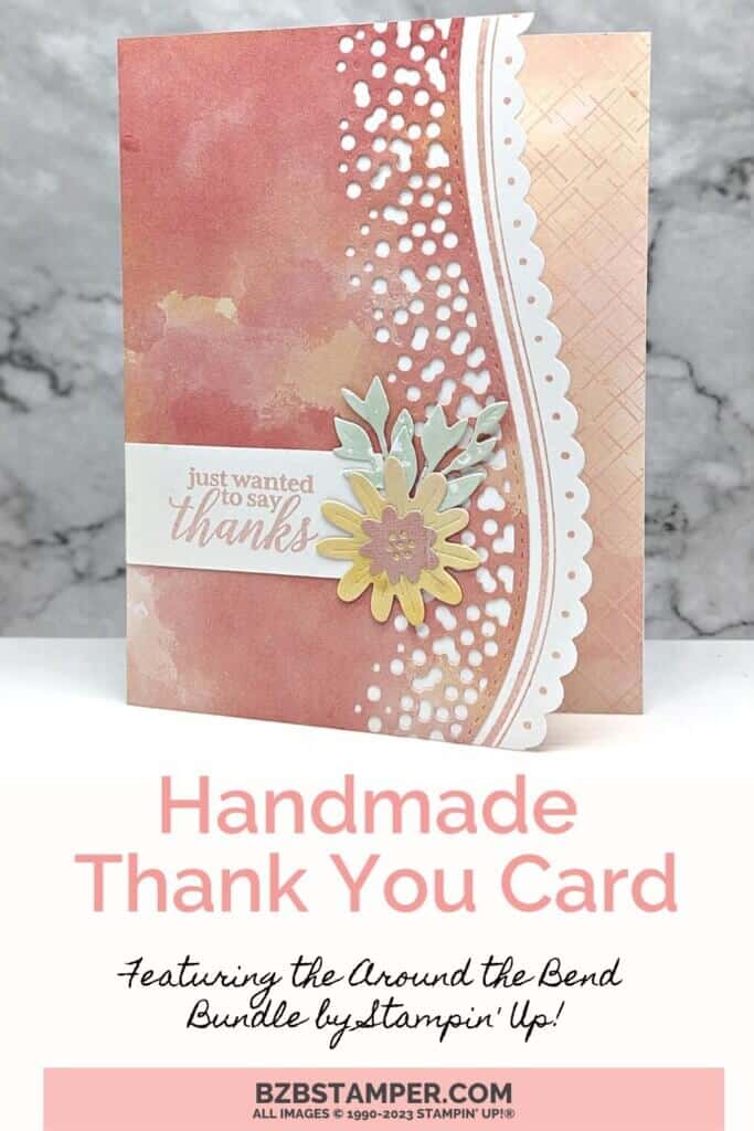 Around the Bend Bundle by Stampin' Up! featuring a pink thank you card with a yellow flower