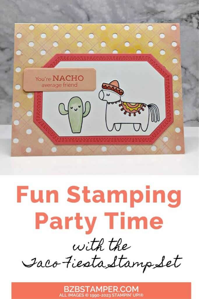 Stampin' Up! Taco Fiesta Sta,[ Set handmade card featuring a cactus and donkey in coral colors

