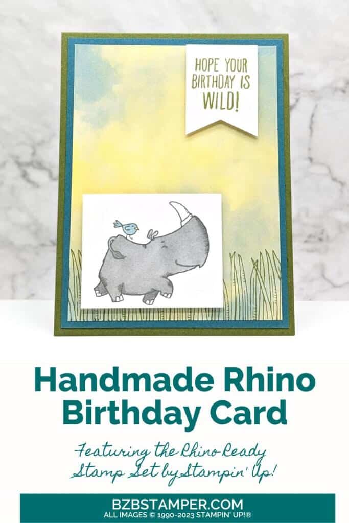 Stampin' Up! Rhino Ready Stamp Set in blue, green with a Rhino who has a bird on his back and is romping through the grass