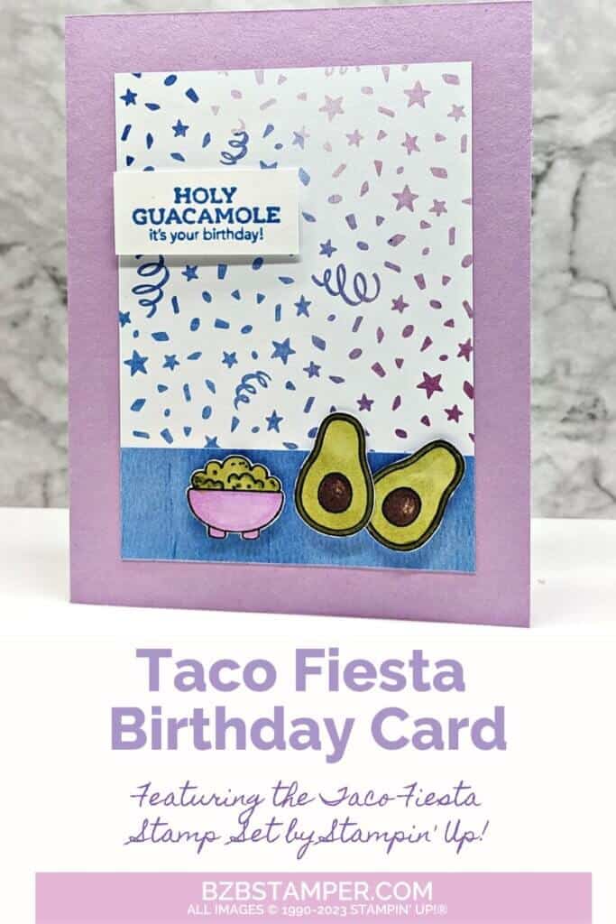 Taco Fiesta Birthday Card in purple and blue with guacamole and confetti