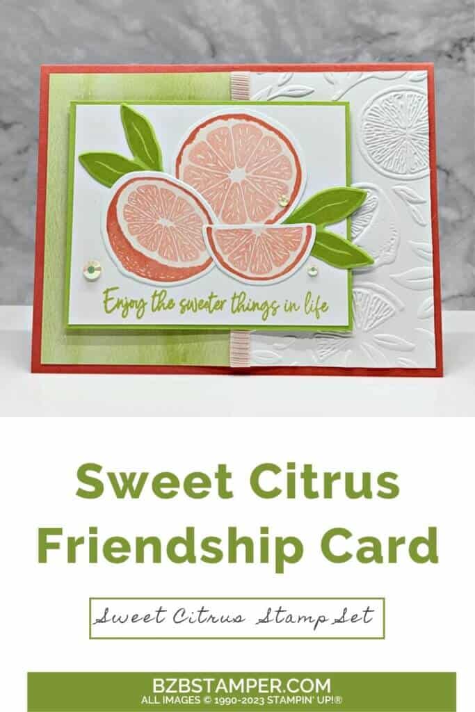 Sweet Citrus Stamp Set in yellow and green, with an embossed background and citrus fruit in pinks and oranges.