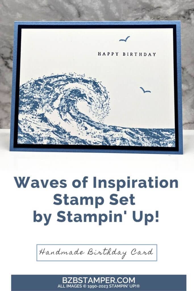 Waves of Inspiration Stamp Set in different shades of blue, with a big wave and a happy birthday sentiment with seagulls.