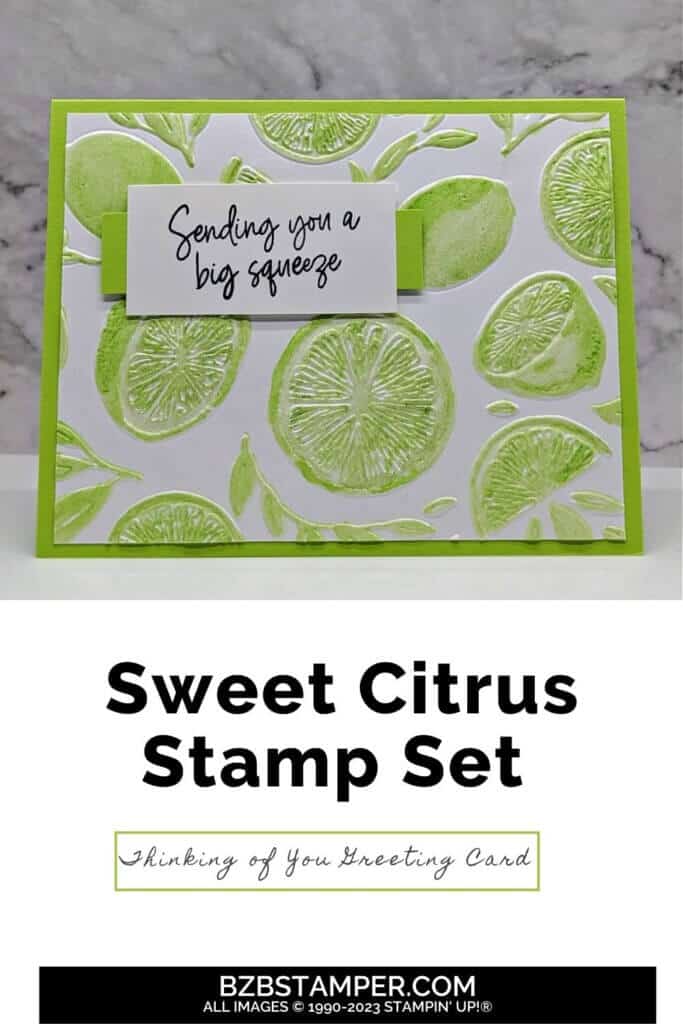 Sweet Citrus Stamps by Stampin' Up! in various shades of green with an embossed citrus background.