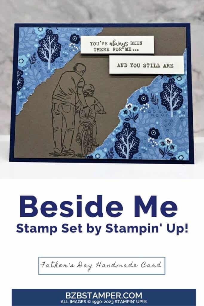 Beside Me Stamp Set with a dad helping a child ride a bike and some pretty paper in browns and blues.