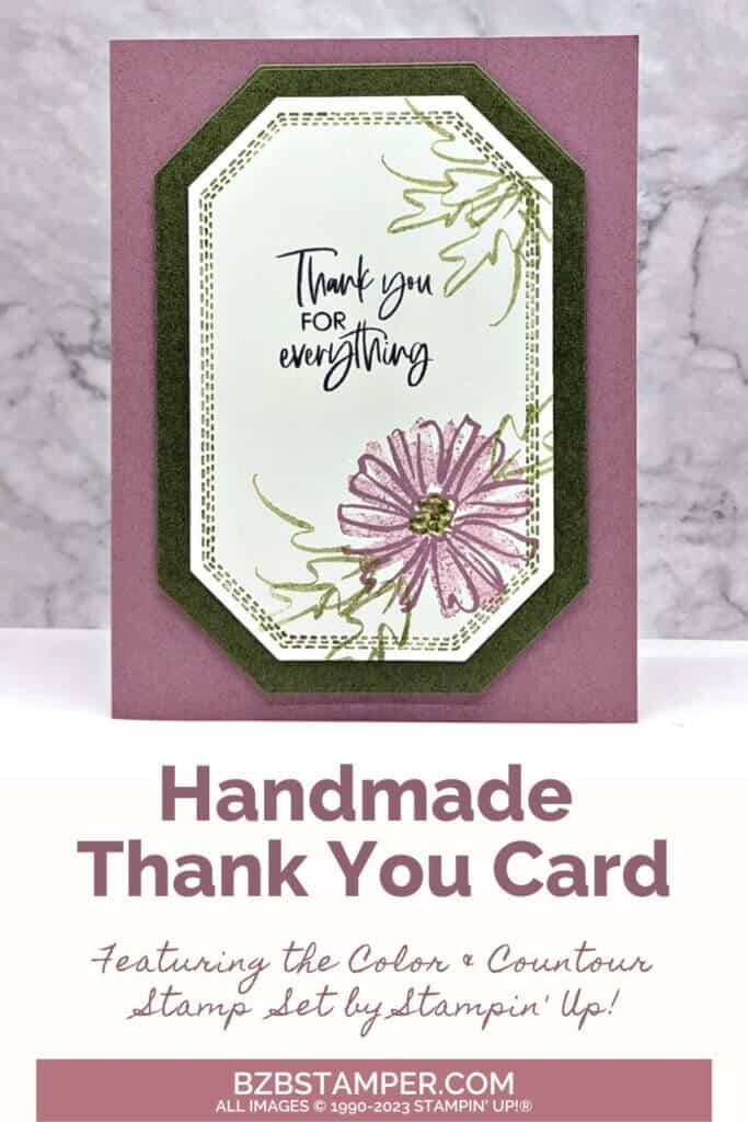 Handmade Thank YOu Card using the Color & Contour Stamp Set by Stampin' Up! in mauves and greens, with a flower & leaf.